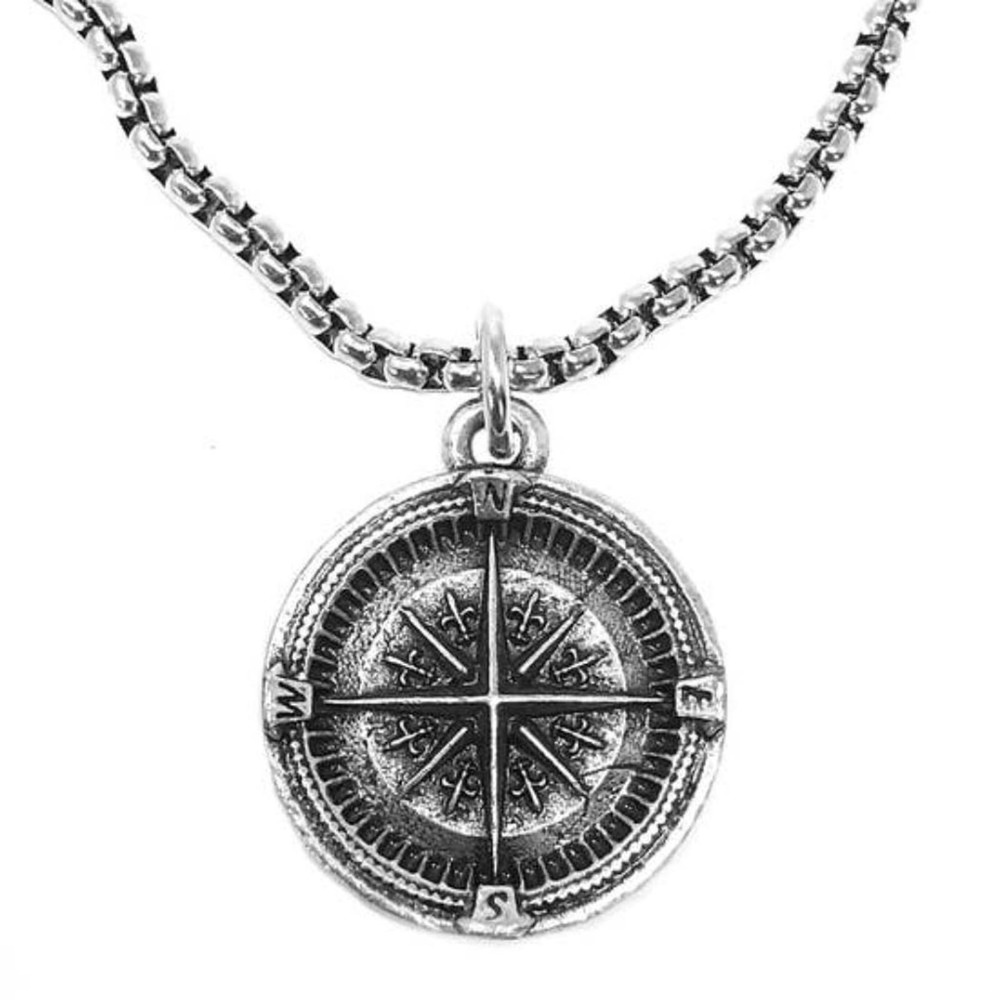 Compass Coin Pendant Necklace Silver 20"